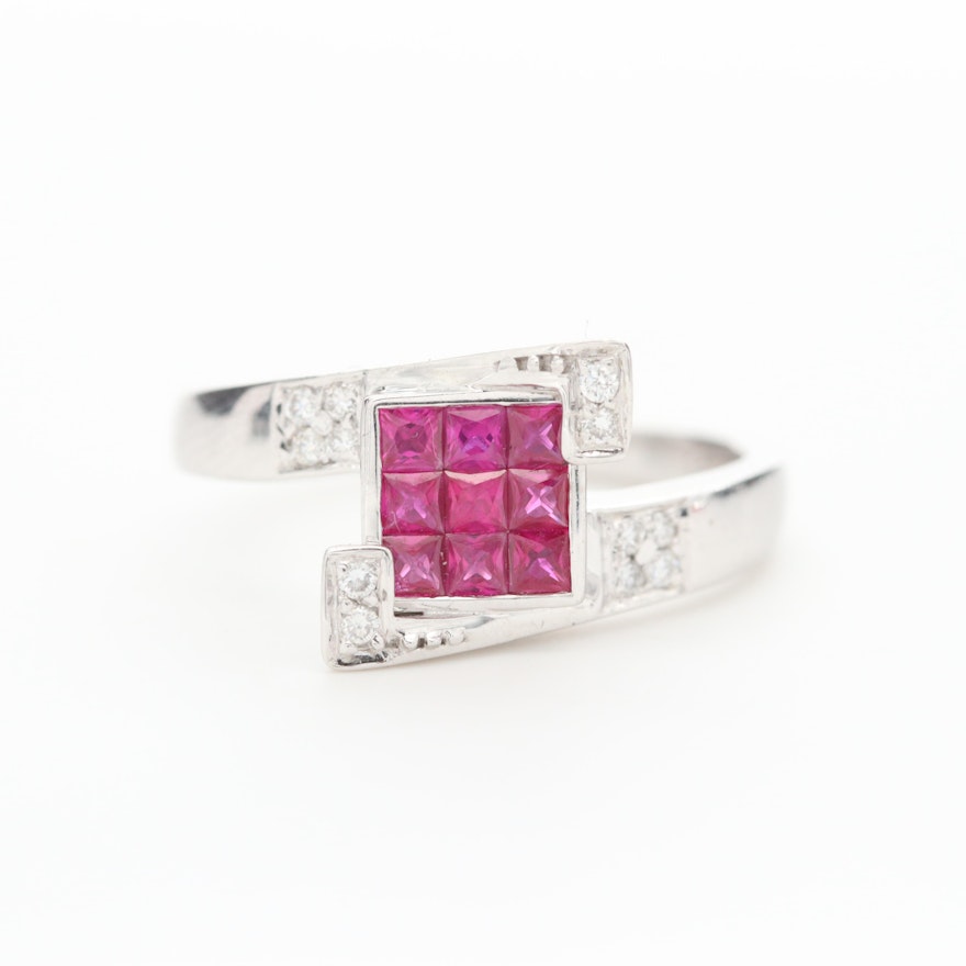14K White Gold Ruby and Diamond Bypass Ring