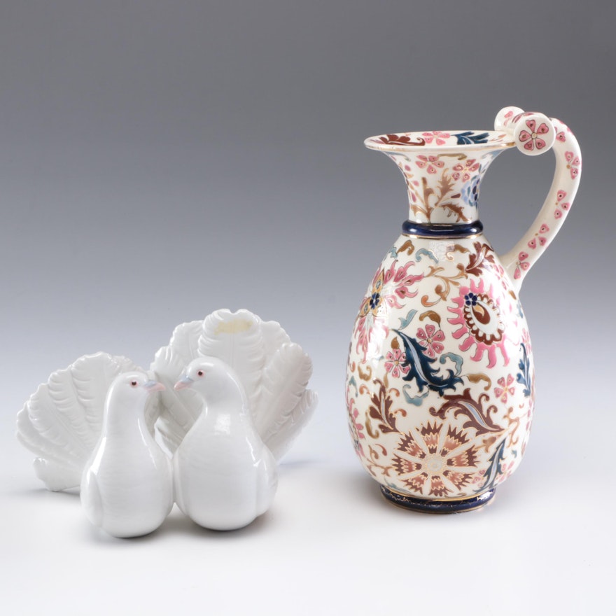 Lladró "Couple of Doves" Porcelain Figurine and Fisher Rudapesi Ceramic Vase