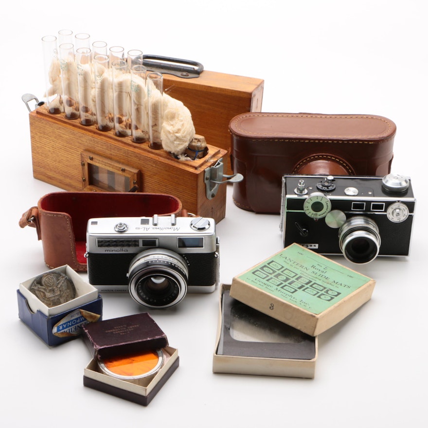 Minolta and Argus Cameras, Pyrex Test Tube Set, and More, Vintage