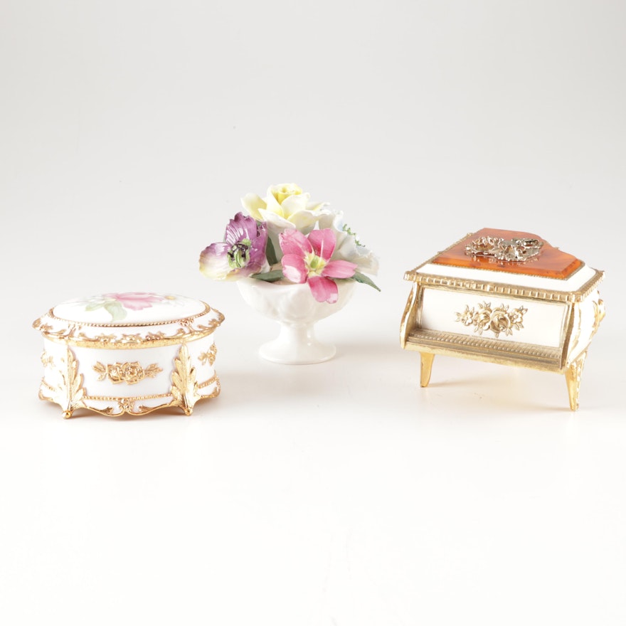 Music Boxes and Crown Staffordshire Hand-Painted Bone China Flower Bouquet