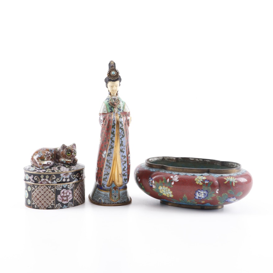 Chinese Cloisonné Cat Finial Trinket Box with Figurine and Bulb Bowl