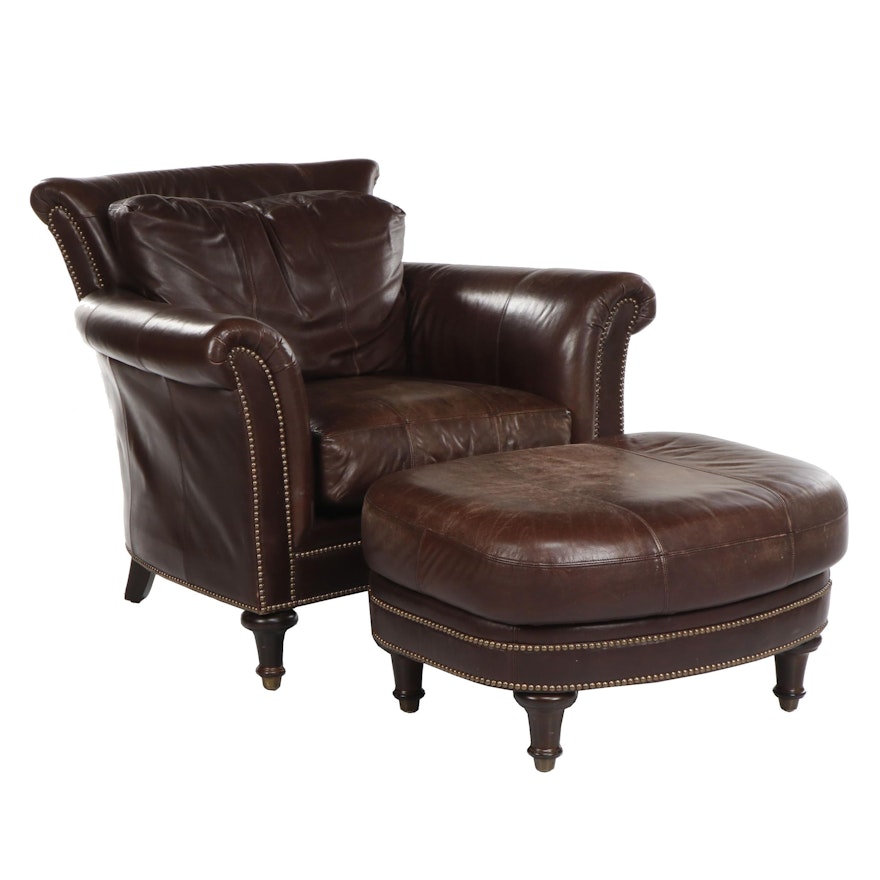 Plunkett "Surrey" Brown Leather Club Chair and Ottoman, Late 20th Century