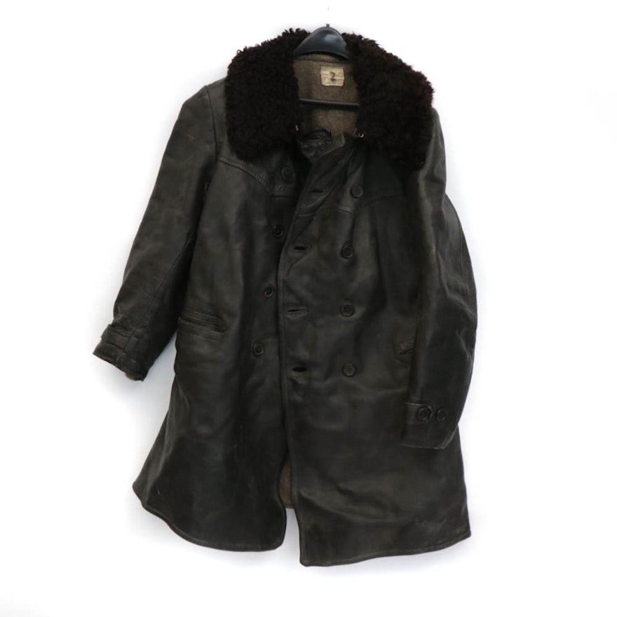 Men's Black Leather Military Peacoat with Wool Lining and Lamb Fur Collar