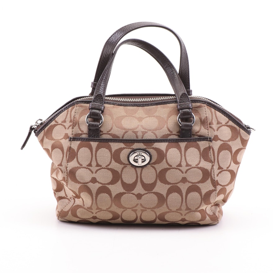 Coach Signature Canvas Satchel with Brown Leather Trim and Turnlock Pocket