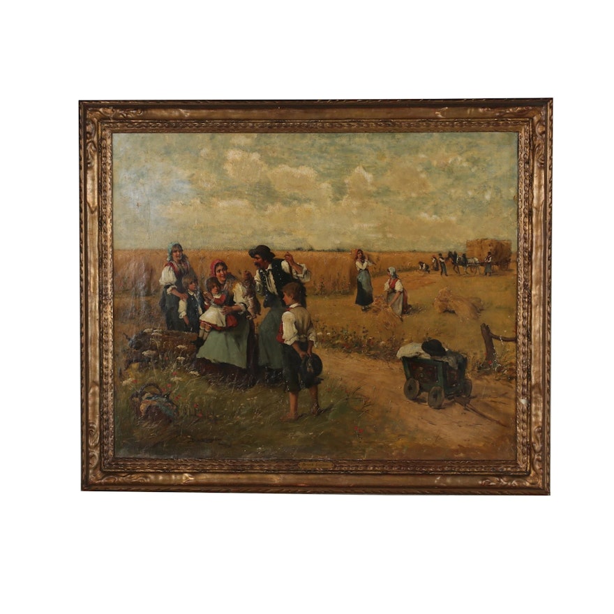 Lajos Bruck Oil Painting of Pastoral Harvest Scene