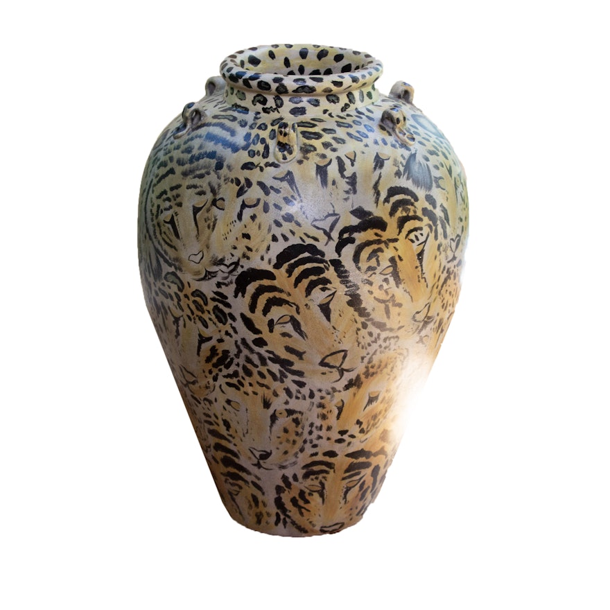 Large Hand-Painted Cheetah Floor Vase