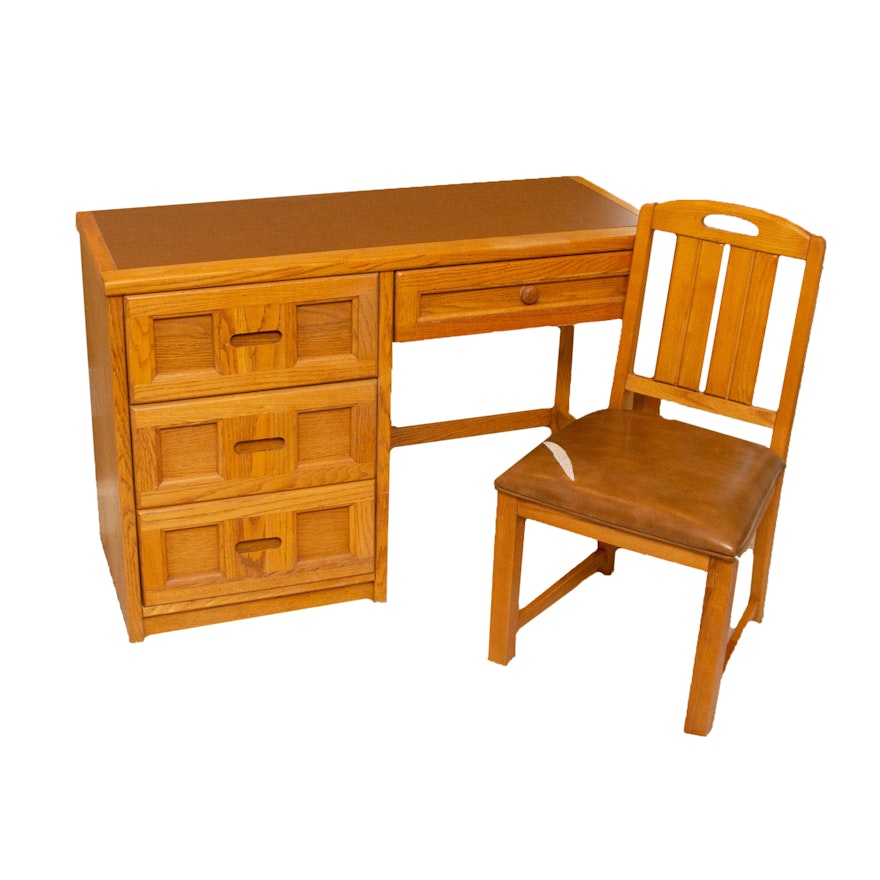 Transitional Style Oak Desk and Chair, 1980s