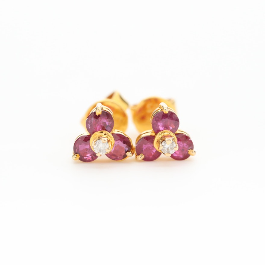 14K Yellow Gold Ruby and Diamond Stud Earrings