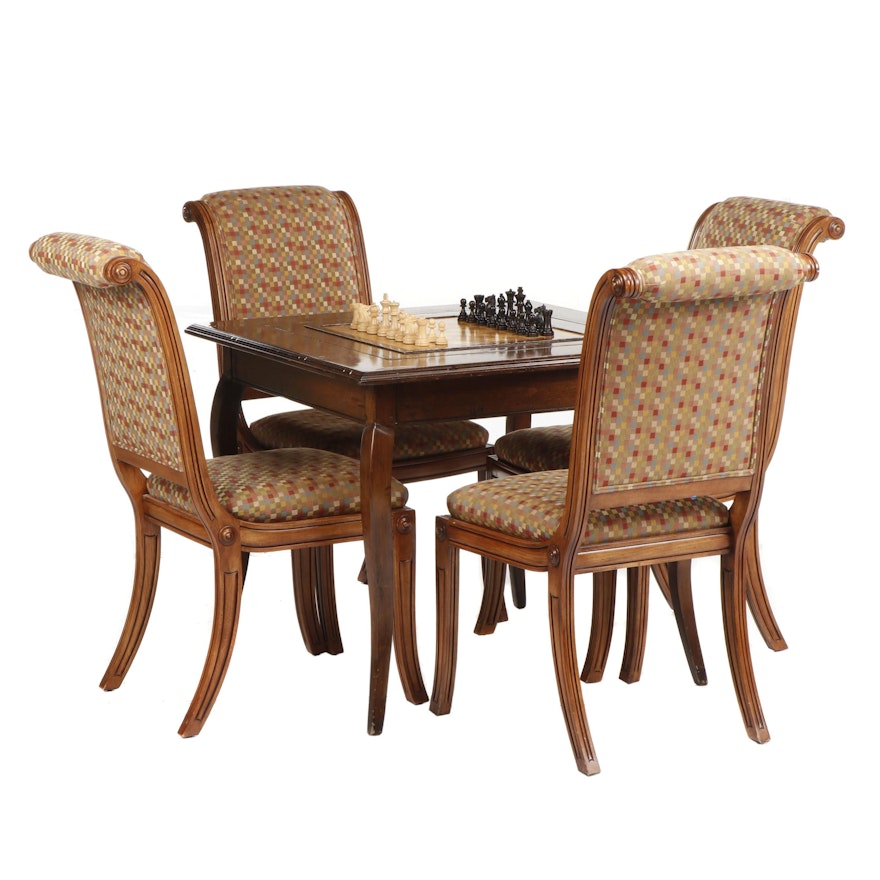 Walnut Veneered Games Table with Game Pieces and Four Fremarc Chairs