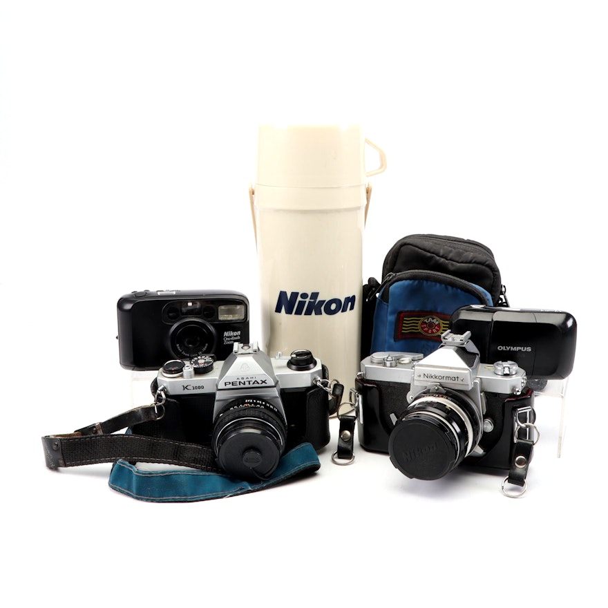 Vintage Cameras and Nikon Thermos Featuring Pentax K1000