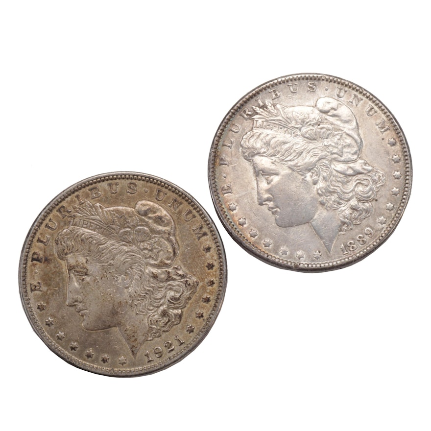 1889 and 1921 Morgan Silver Dollar Coins