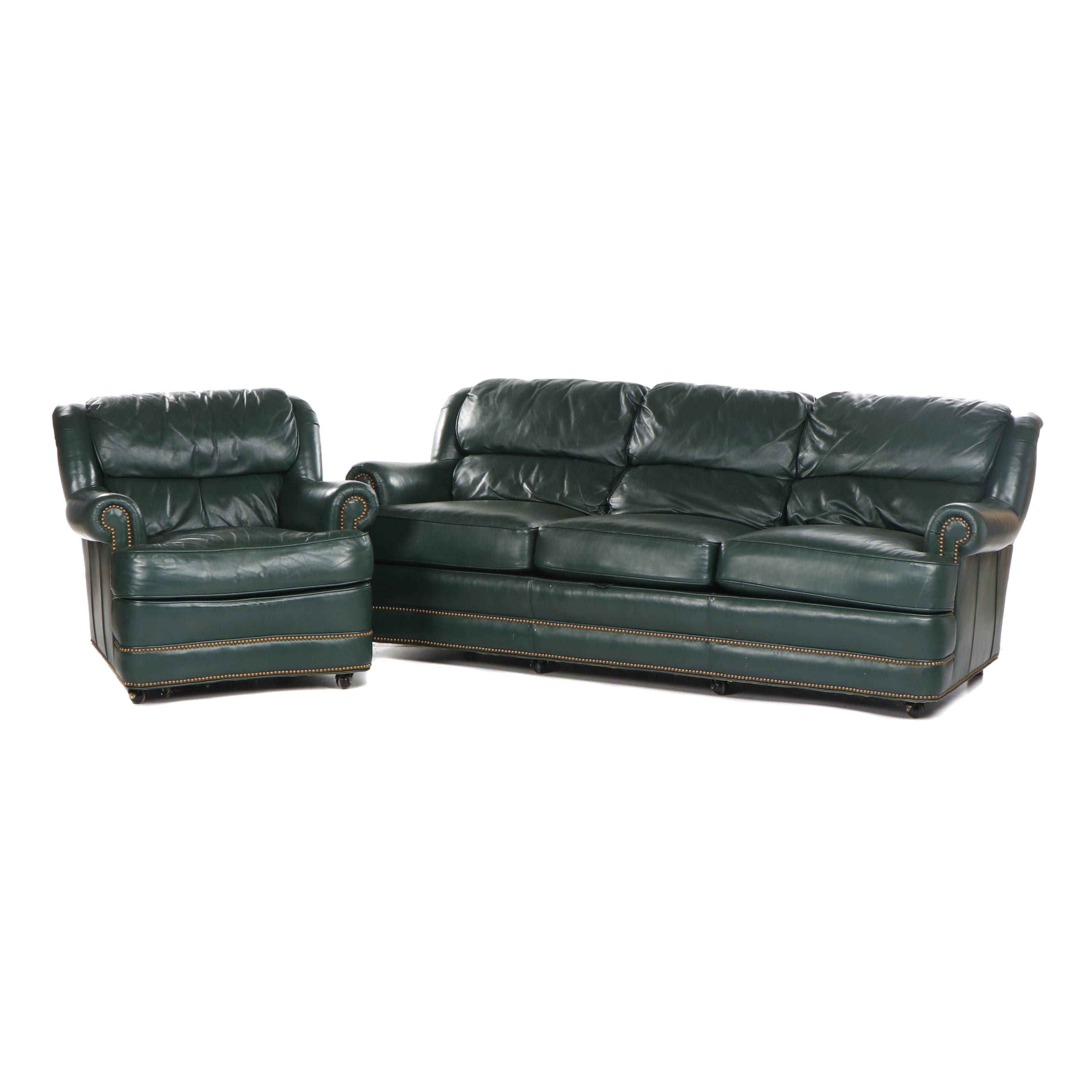 Whittemore-Sherrill Limited Green Leather Sofa with Armchair, Late 20th Century