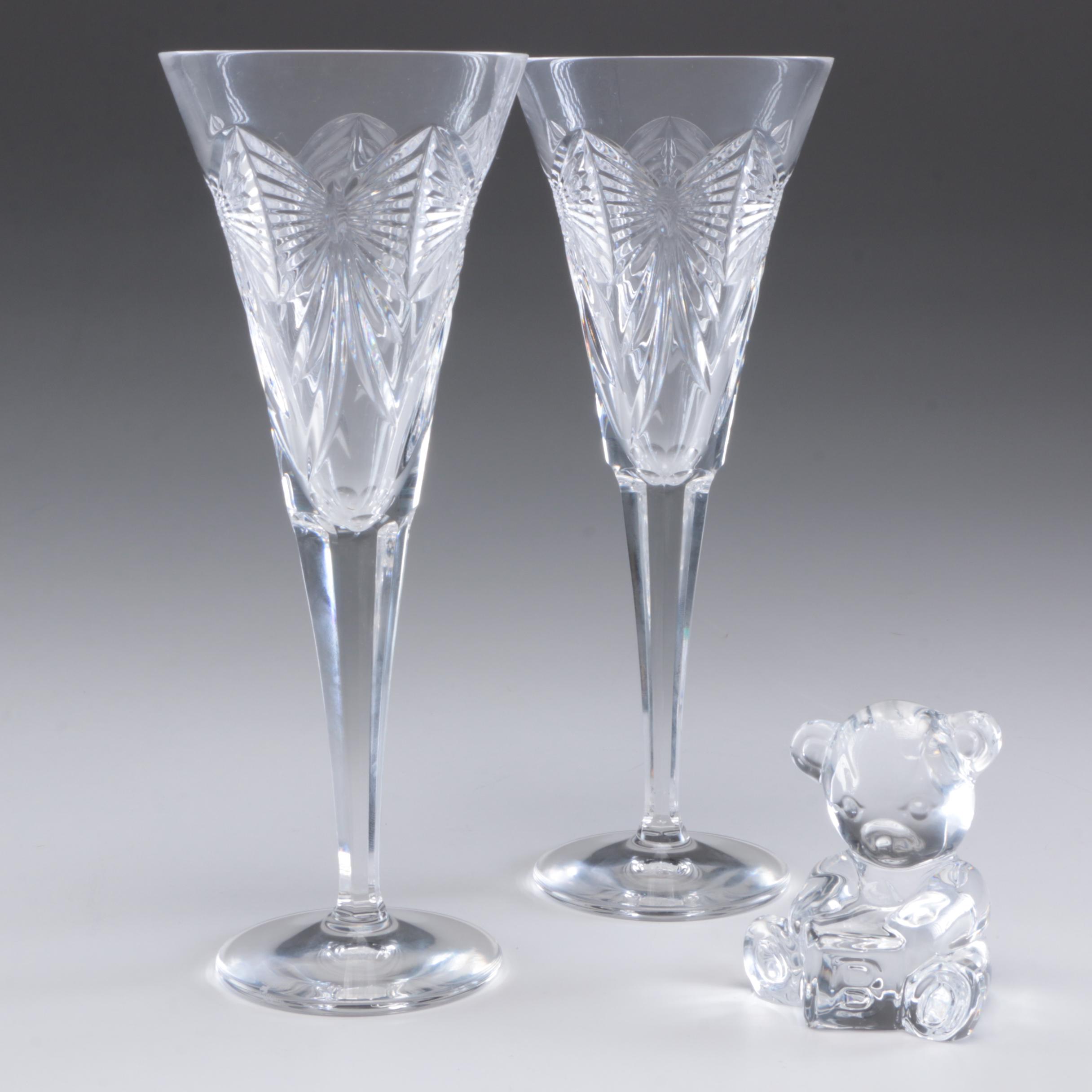 Waterford Crystal "Millennium Series" Fluted Champagne Glasses and Bear Figurine
