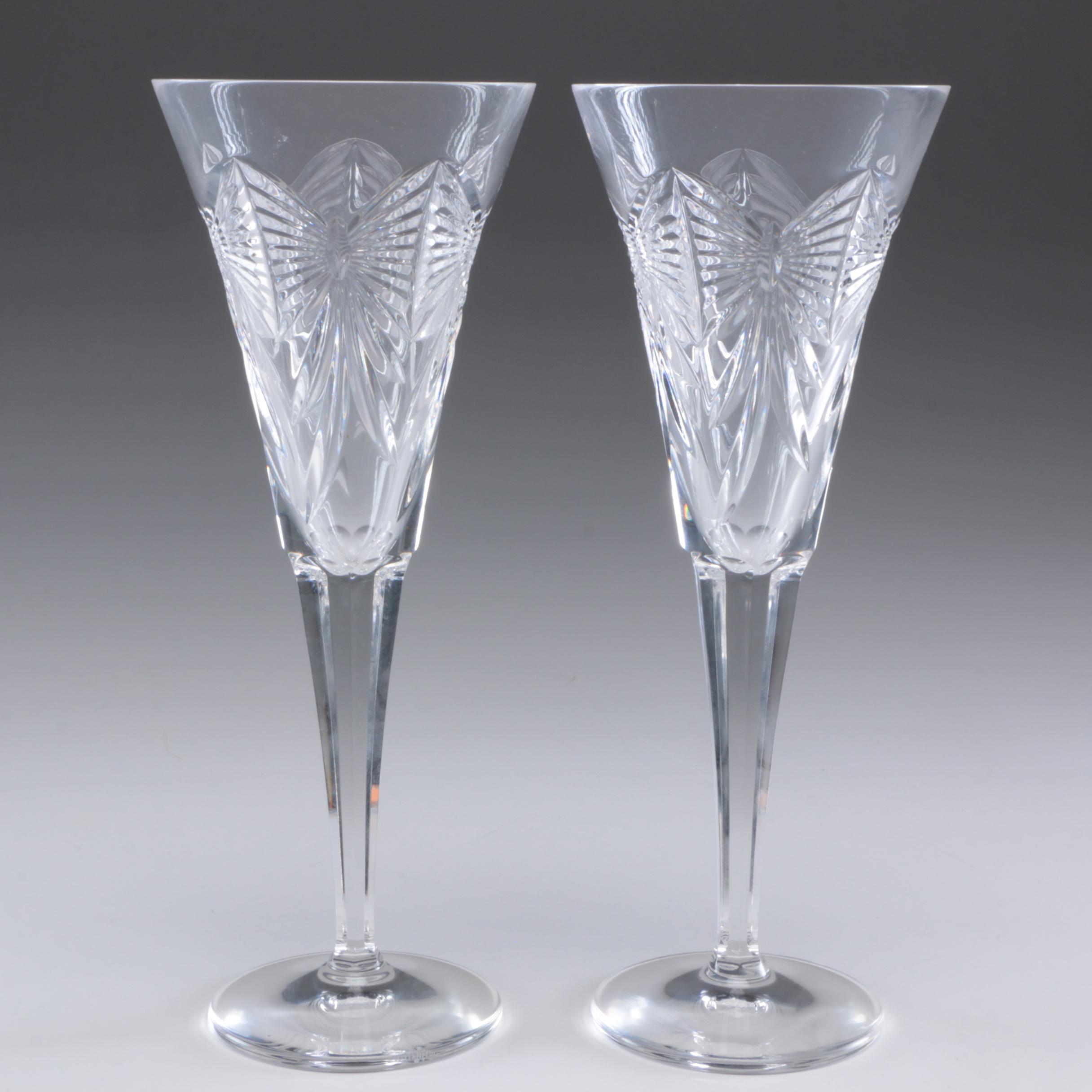 Waterford Crystal "Millennium Series" Fluted Champagne Glasses and Bear Figurine
