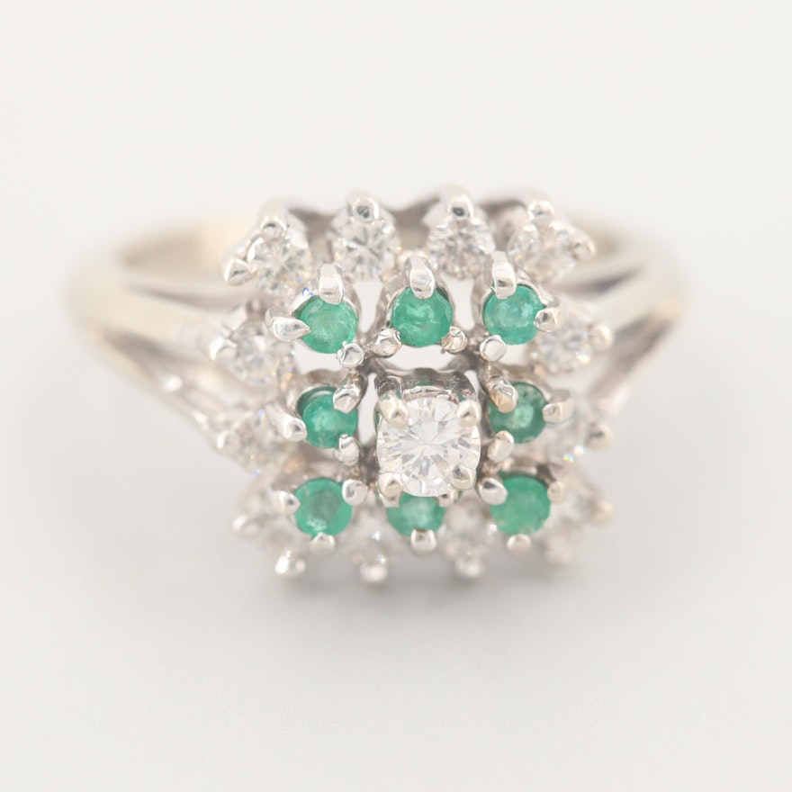 14K White Gold Diamond and Emerald Ring