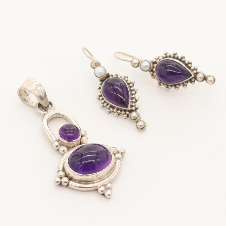 Sterling Silver Amethyst and Cultured Pearl Pendant and Drop Earrings