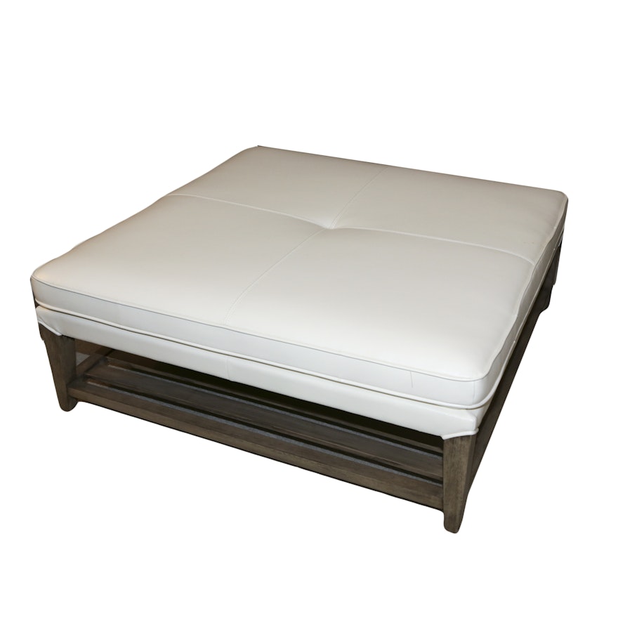 Contemporary White Faux-Leather and Wood Two-Tier Cocktail Ottoman