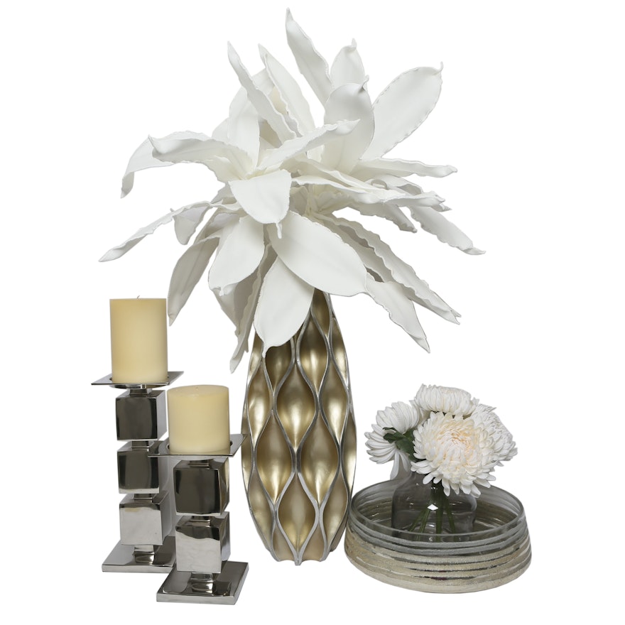 Assortment of Candleholders and Vessels with Faux Flowers