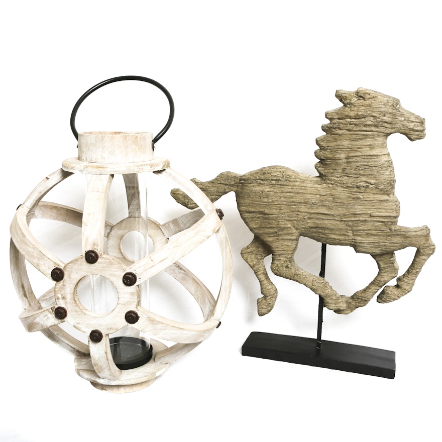 Resin Horse Statue with Wooden Lantern Table Decor