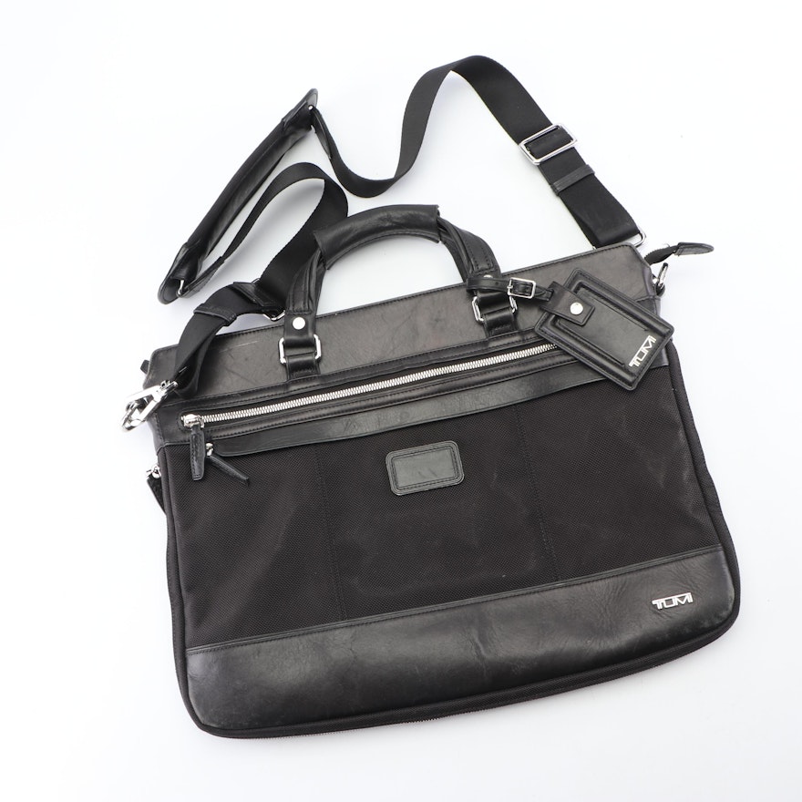 Tumi Black Leather and Nylon Briefcase with Shoulder Strap
