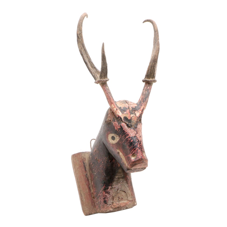 American Folk Art Carved Wood Deer Head with Applied Antlers