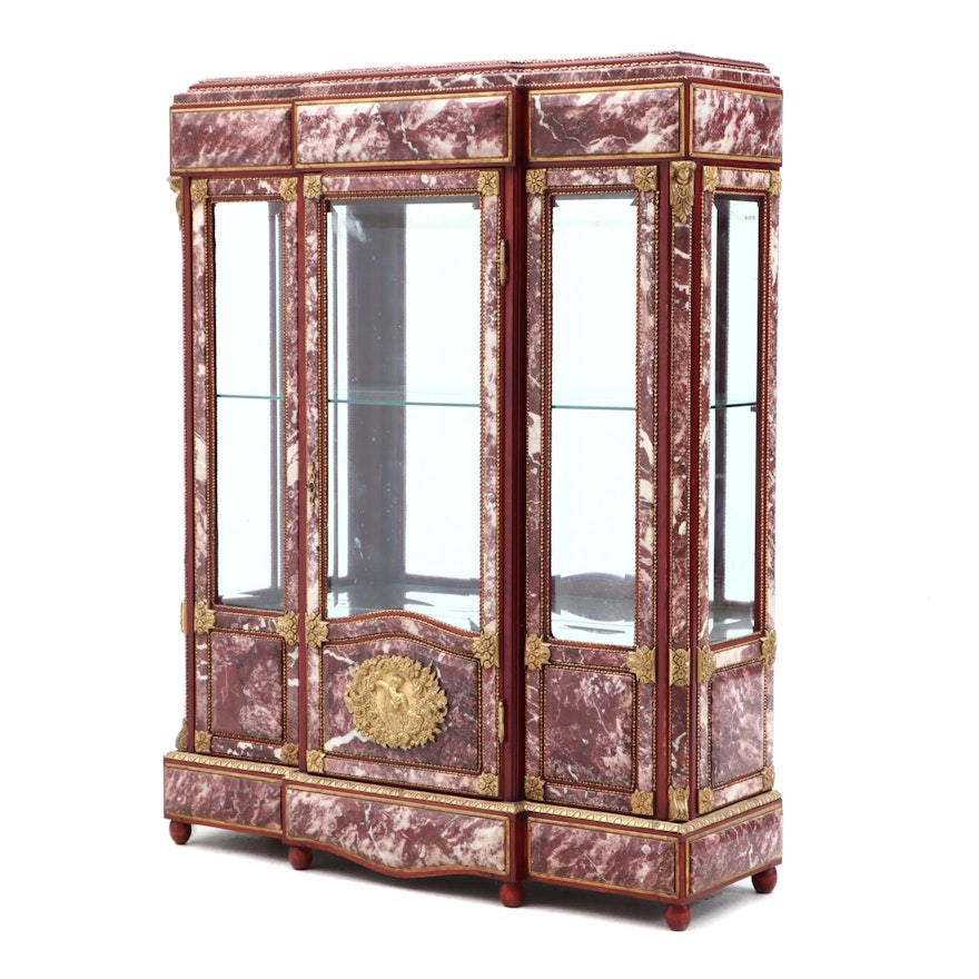 Louis XV-XVI Transitional Brass, Cherry and Marble Curio Cabinet, Contemporary