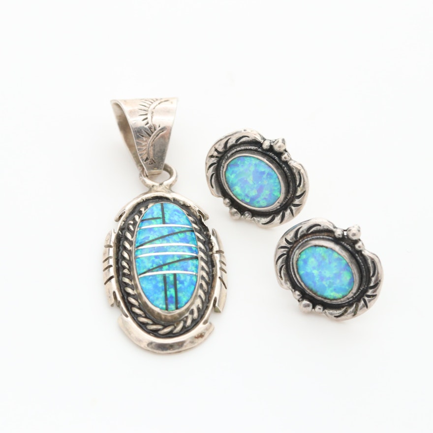 Southwestern Style Synthetic Opal and Black Resin Pendant and Earring Set