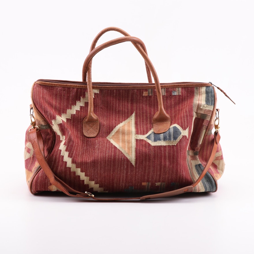 Woven Canvas and Leather Convertible Duffel Bag