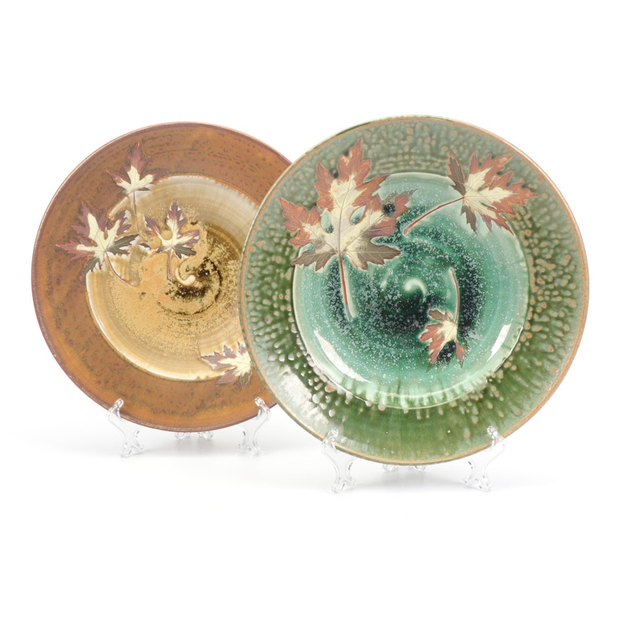 Wheel Thrown Stoneware Centerpiece  Bowls with Applied Leaf Sprigs