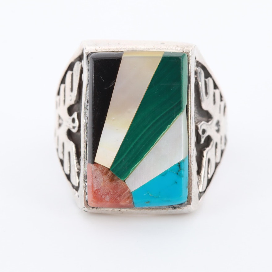 Southwestern Style 800 Silver Malachite, Coral, and Mother of Pearl Ring