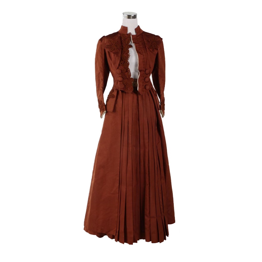 Brown Silk Two-Piece Walking Dress with Foliate Soutache, Late 19th Century