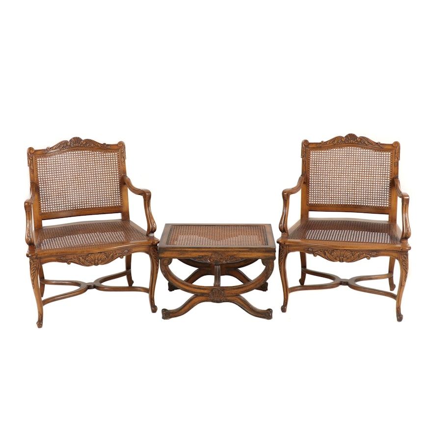 Set of Louis XV Style Carved Wood and Cane Armchairs with Ottoman, Late 20th C.