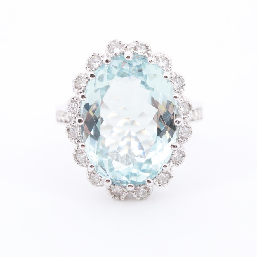 14K White Gold 7.79 CTW Aquamarine and Diamond Ring