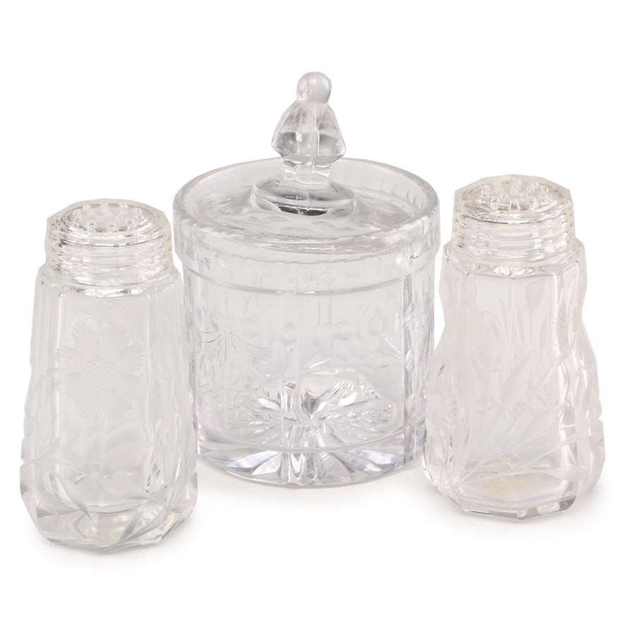 Etched Glass Salt and Pepper Shakers and Crystal Jam Jar