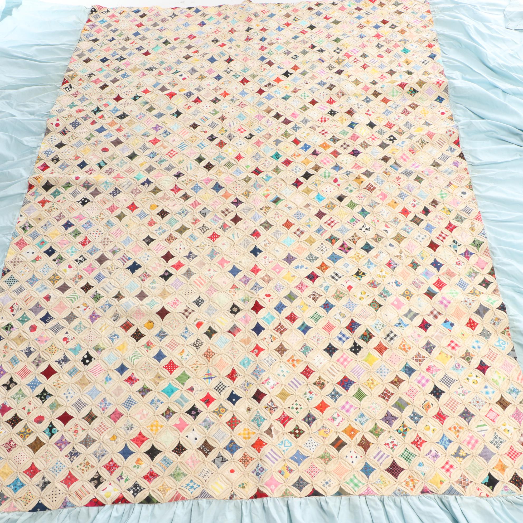 Handmade "Cathedral Windows" Full Sized Cotton Quilt with Ruffled Edge