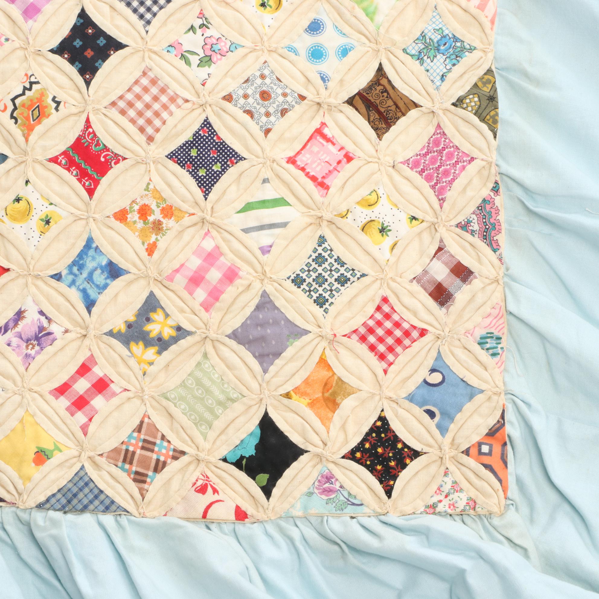 Handmade "Cathedral Windows" Full Sized Cotton Quilt with Ruffled Edge