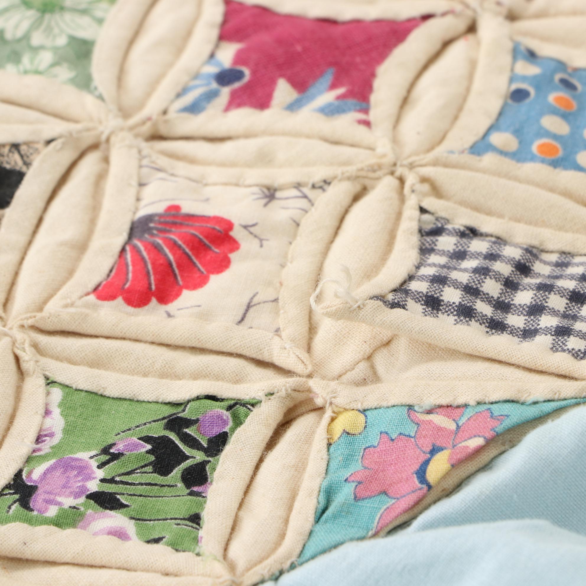 Handmade "Cathedral Windows" Full Sized Cotton Quilt with Ruffled Edge