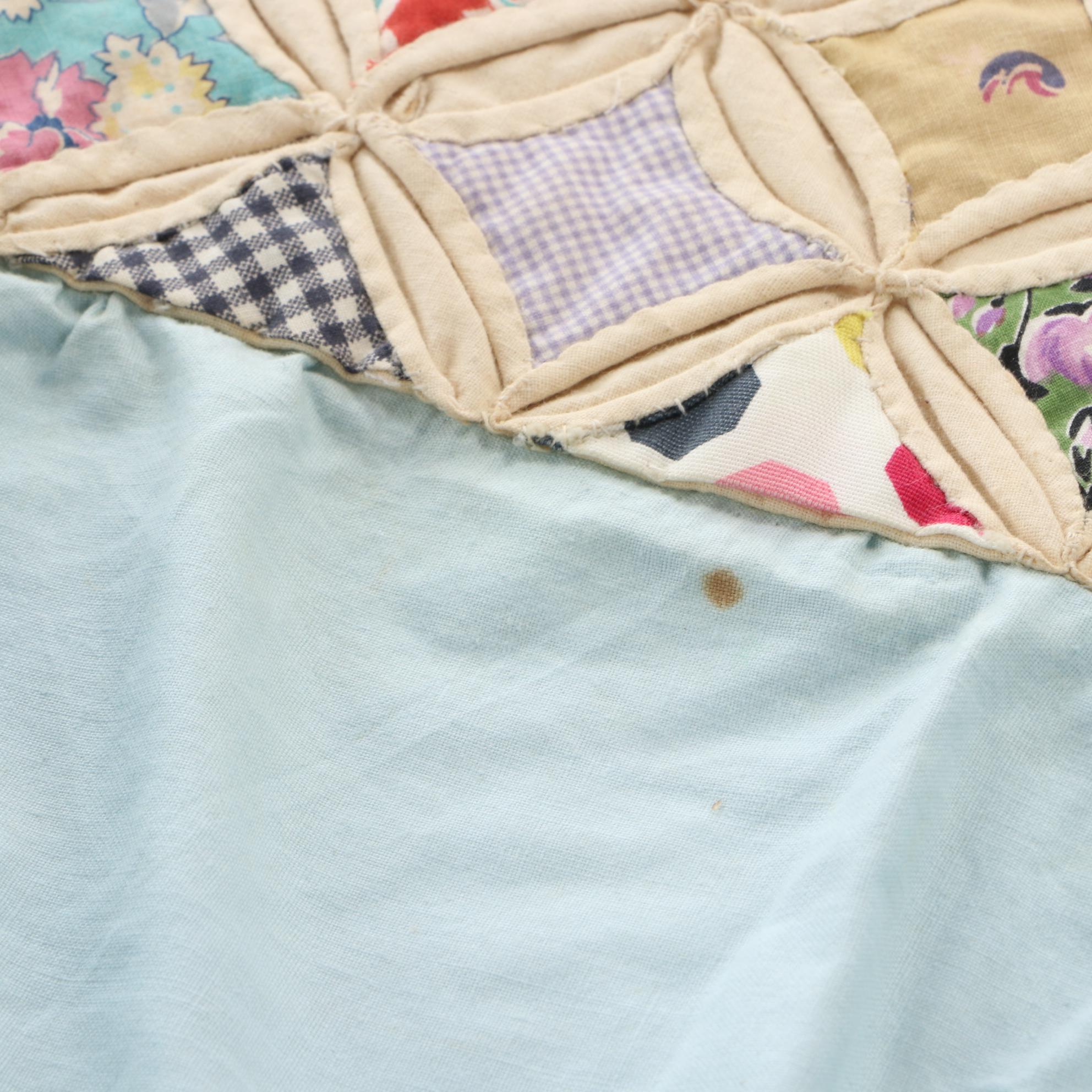 Handmade "Cathedral Windows" Full Sized Cotton Quilt with Ruffled Edge