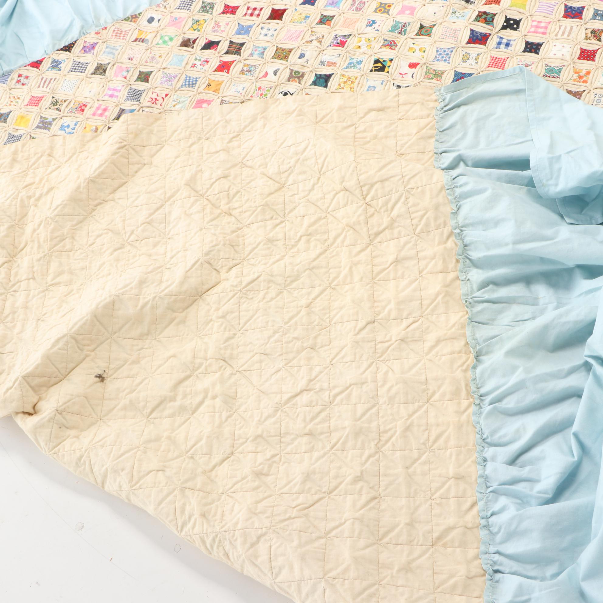 Handmade "Cathedral Windows" Full Sized Cotton Quilt with Ruffled Edge