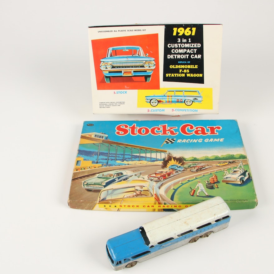 Stock Car Racing Game, Diecast Greyhound Bus and Model Kit Car, Mid-Century