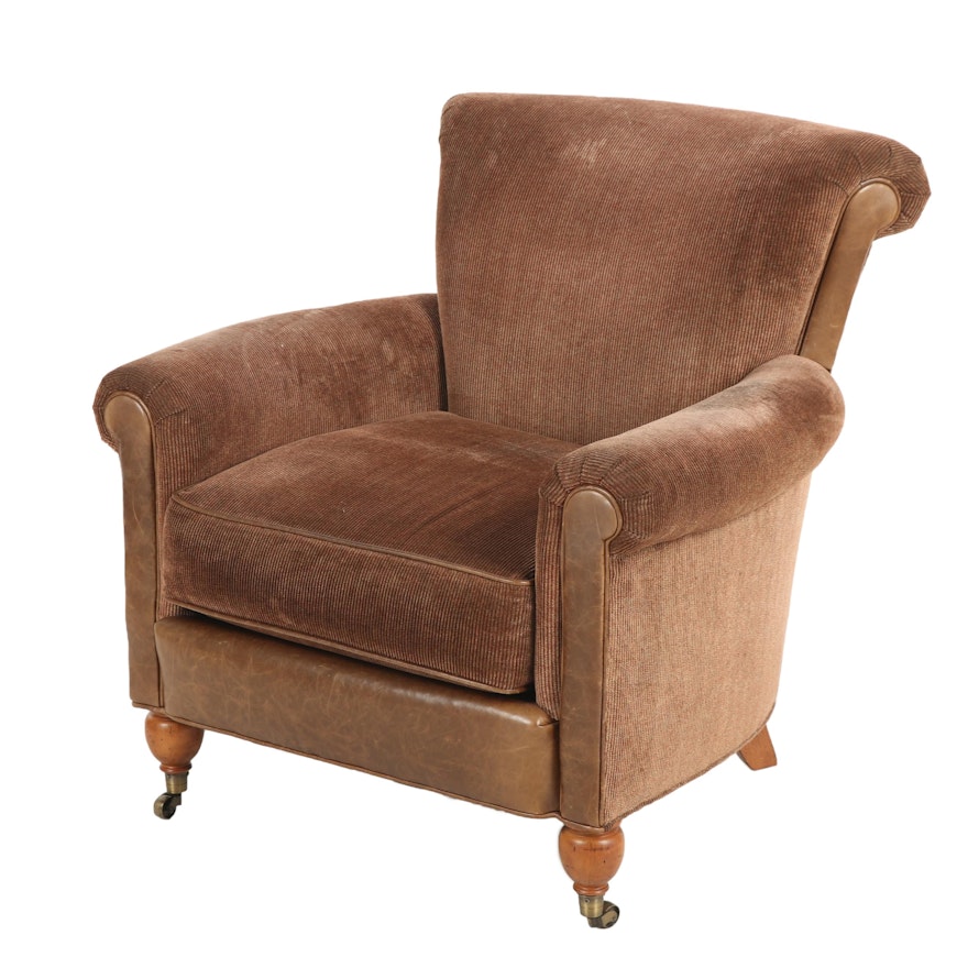 Contemporary Century Fabric and Leather Upholstered Armchair with Caster Wheels