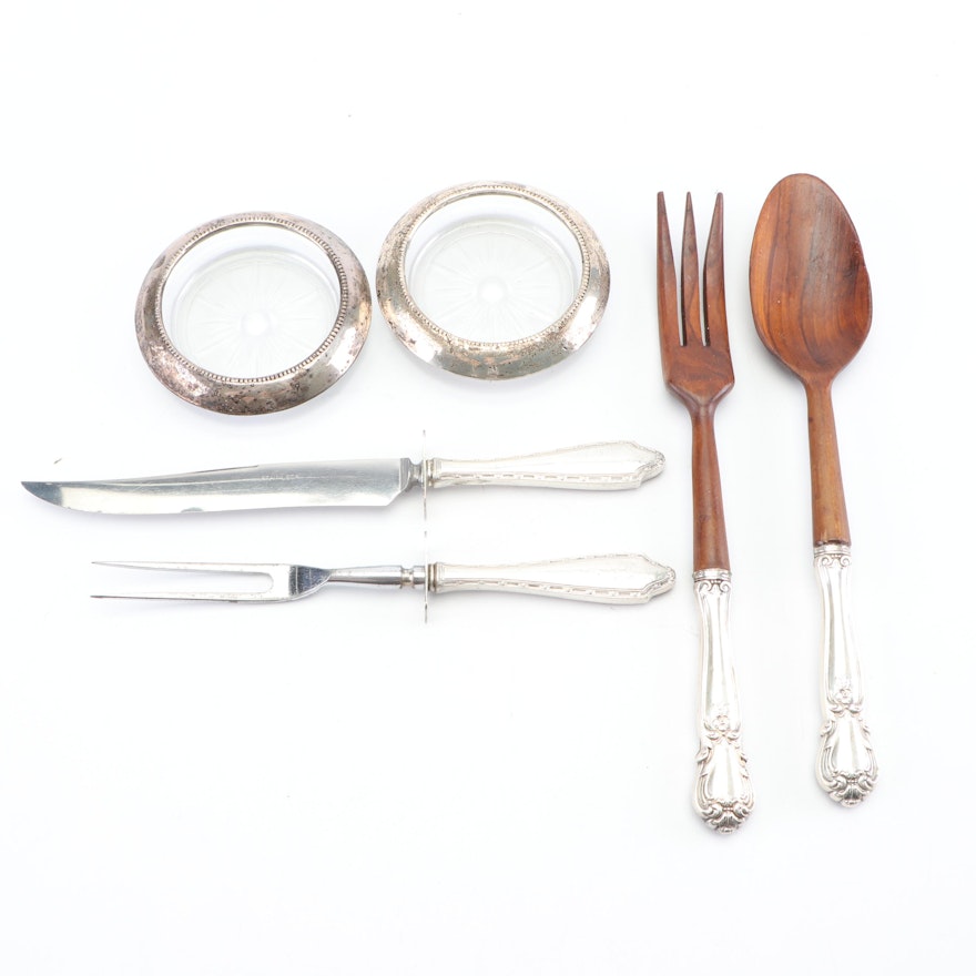 Silver Handled Carving Set and Carving Set with Two Silver Rimmed Glass Coasters
