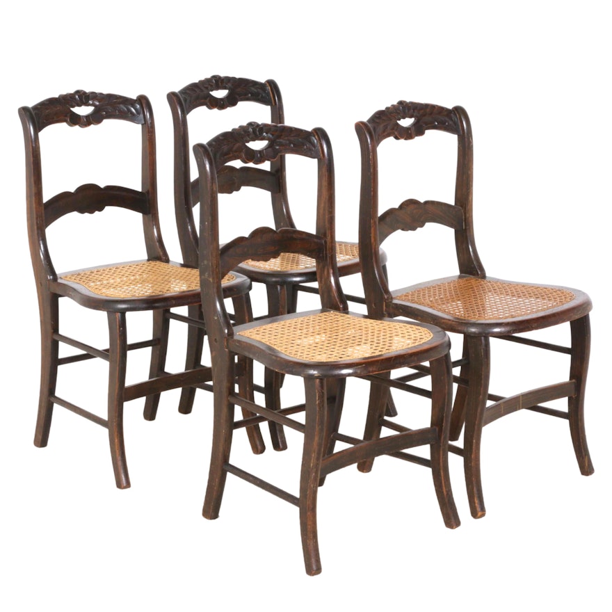 Carved Walnut Chairs with Caned Seats, Set of Four