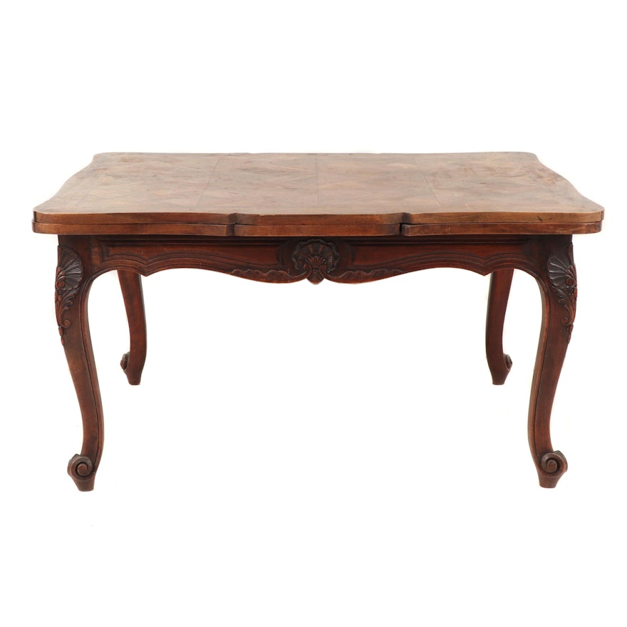 Louis XV Provincial Style Parquet Oak Wood Draw Leaf Table, Mid 20th Century