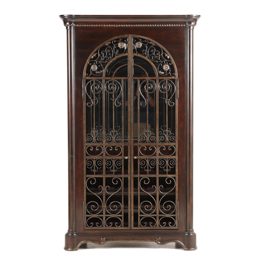 Schnadig Contemporary Illuminated Wood and Wrought Metal Wine Cabinet with Glass