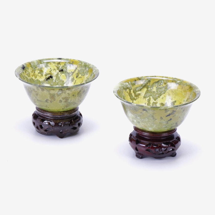 Chinese Agate Bowls with Carved Wood Stands