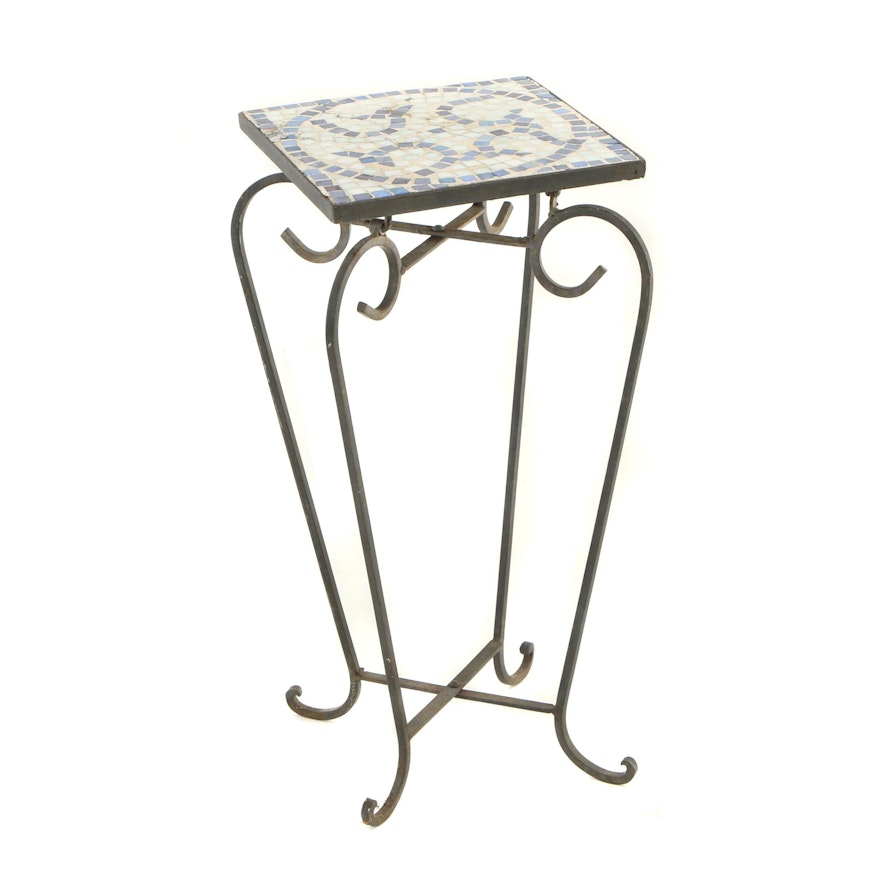 Scrolled Metal and Tile Top Patio Plant Stand, 20th Century