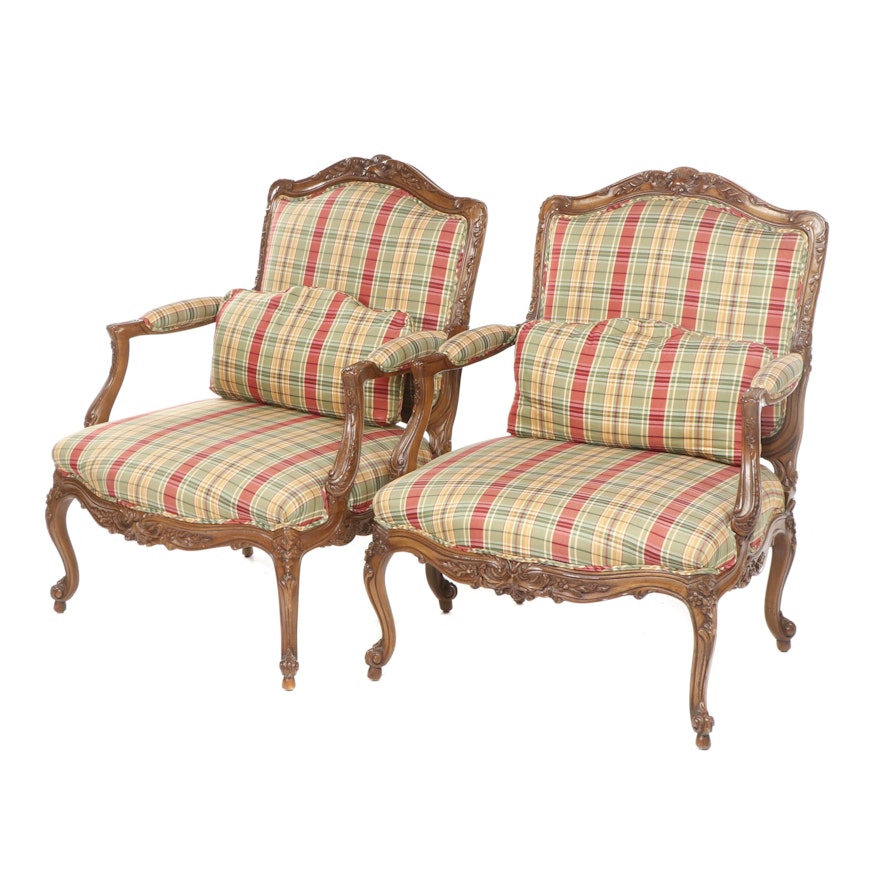 French Provincial Style Tartan Upholstered Oak Armchairs, Late 20th Century