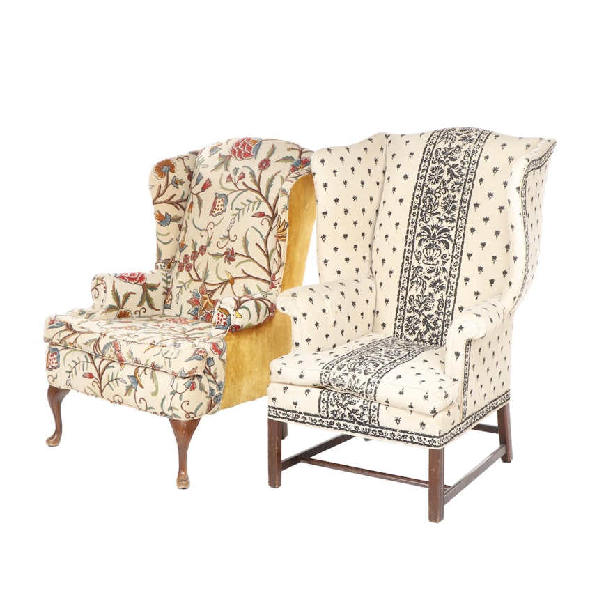 Two Custom-Upholstered Wingback Armchairs, 20th Century