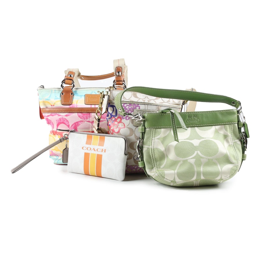 Coach Watercolor Scribble Tote, Zoe Bag, Swing Pack and Varsity Stripe Wristlet